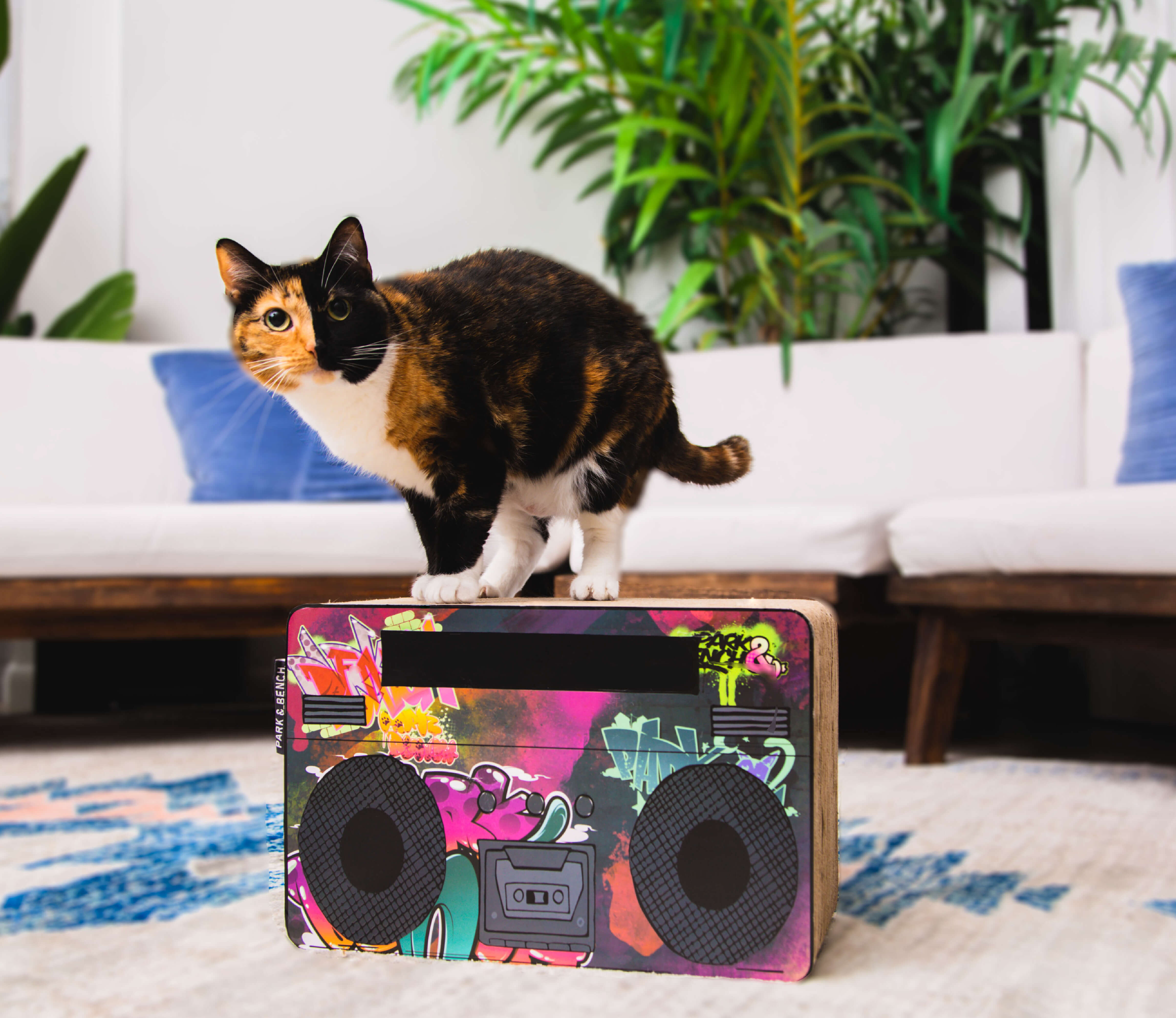 The Jam Master brings the beats of the street to your home. Designed to keep your cat entertained, this cat scratcher goes well in the homes of hip-hop lovers, urbanites, and all kitty lovers with an ear for music.